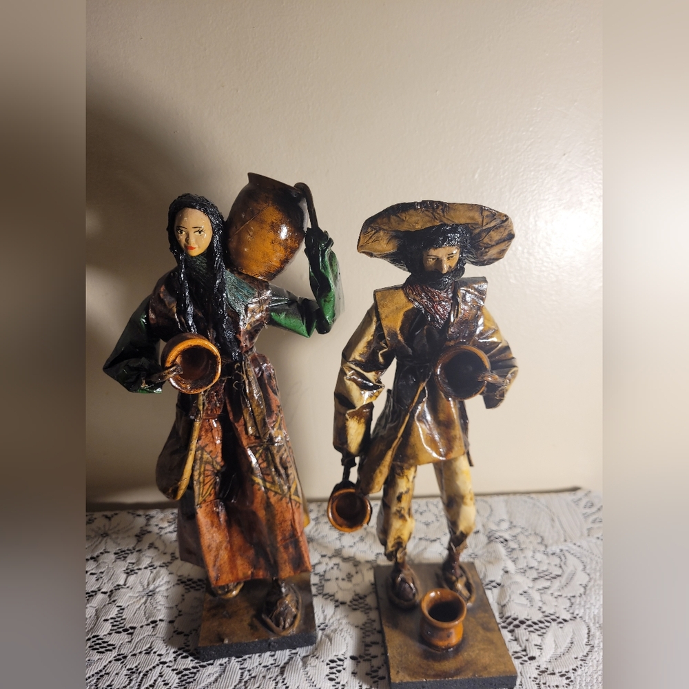 2 Vintage Mexican Folk Art Figurines Paper Mache Man And Woman